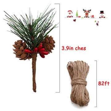 Geefuun 24Pieces Christmas Artificial Pine Needle/Pick Decorations 1 Pack Jute Twine Rope - Xmas Party Gift Wrapping Decor Wreaths Arrangement Tree Ornaments Wedding Supplies