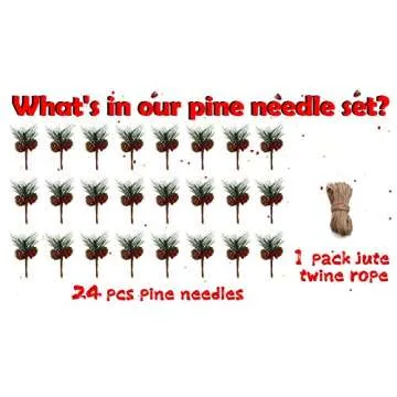 Geefuun 24Pieces Christmas Artificial Pine Needle/Pick Decorations 1 Pack Jute Twine Rope - Xmas Party Gift Wrapping Decor Wreaths Arrangement Tree Ornaments Wedding Supplies