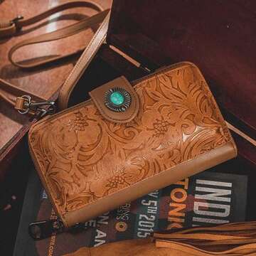 LAVAWA Women's Crossbody Handbag Small Vintage, Ladies Wallet Western Adjustable Phone Purse Clutch Turquoise Concho Embossed