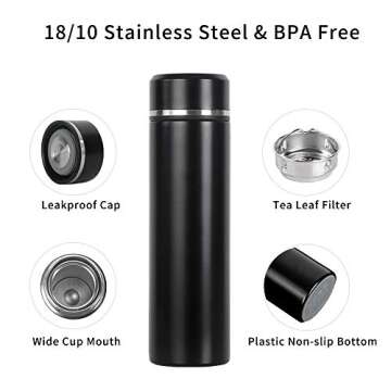 17oz Stainless Steel Vacuum Insulated Flask with Tea Leaf Strainer Filter Double Wall Coffee cup Travel Tumbler(Glossy Black)