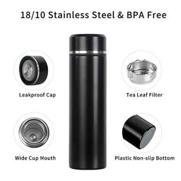 17oz Stainless Steel Vacuum Insulated Flask with Tea Leaf Strainer Filter Double Wall Coffee cup Travel Tumbler(Glossy Black)