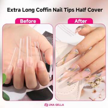 UNA GELLA Extra Long Coffin Nail Tips No C Curve 504PCS XXL Coffin Nails Half Cover Long Coffin Gel x Nails Tips Clear Fake False Nails Long Gel Extensions for Nail Art Salon Home DIY No Need File