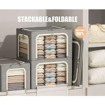 3 Opeings Large Clothes Storage Bins with Metal Frame, Foldable Storage Bin for Clothes, Clothing St...