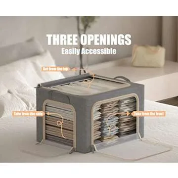 3 Opeings Large Clothes Storage Bins with Metal Frame, Foldable Storage Bin for Clothes, Clothing Storage Bins with Lid, Linen Storage Box With Clear Window＆ Zippers＆ Handles.(3 Pcs,Light Grey,66L)