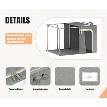 3 Opeings Large Clothes Storage Bins with Metal Frame, Foldable Storage Bin for Clothes, Clothing Storage Bins with Lid, Linen Storage Box With Clear Window＆ Zippers＆ Handles.(3 Pcs,Light Grey,66L)