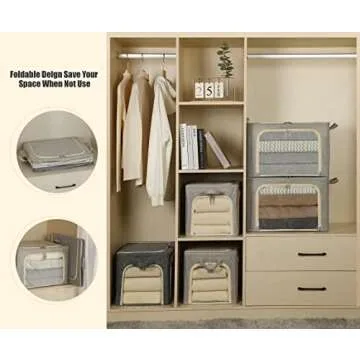 3 Opeings Large Clothes Storage Bins with Metal Frame, Foldable Storage Bin for Clothes, Clothing Storage Bins with Lid, Linen Storage Box With Clear Window＆ Zippers＆ Handles.(3 Pcs,Light Grey,66L)