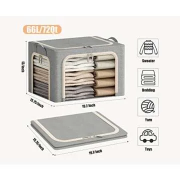 3 Opeings Large Clothes Storage Bins with Metal Frame, Foldable Storage Bin for Clothes, Clothing Storage Bins with Lid, Linen Storage Box With Clear Window＆ Zippers＆ Handles.(3 Pcs,Light Grey,66L)