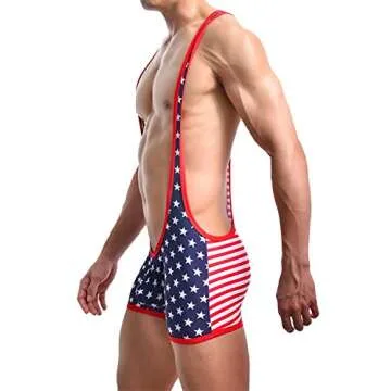 sandbank Men American Flag Wrestling Singlet Jockstrap Bodysuit Active Underwear (M,Golden Leopard)