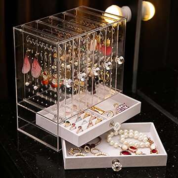 MOOCHI Clear Acrylic Jewelry Box Organizer Earring Display Stand Holder & 2 Drawers Jewelry Storage