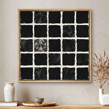 SIGNWIN Framed Canvas Print Wall Art Geometric Black Square Grid Landscape Abstract Shapes Illustration Modern Art Decorative Boho Relax/Zen Nordic for Living Room, Bedroom, Office - 24"x24" Natural