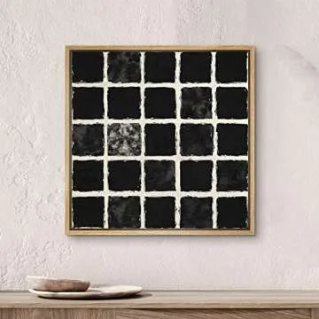 SIGNWIN Framed Canvas Print Wall Art Geometric Black Square Grid Landscape Abstract Shapes Illustration Modern Art Decorative Boho Relax/Zen Nordic for Living Room, Bedroom, Office - 24"x24" Natural