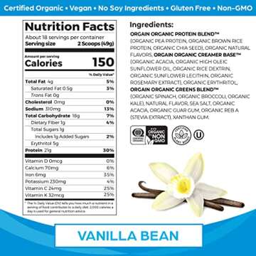 Orgain Organic Vegan Protein Powder + Greens, Vanilla Bean - 21g Plant Based Protein, 6g Prebiotic F...