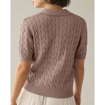 Imily Bela Women's Cable Short Sleeve Sweaters Tops Solid Lapel V Neck Knit Casual Soft Pullover Shi...