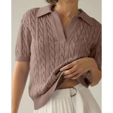 Imily Bela Women's Cable Short Sleeve Sweaters Tops Solid Lapel V Neck Knit Casual Soft Pullover Shirt Brown