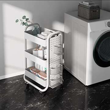 DESIGNA 3-Tier Rolling Cart, Utility Cart with Handle, Extra 3 Storage Accessories, Removable Pegboa...