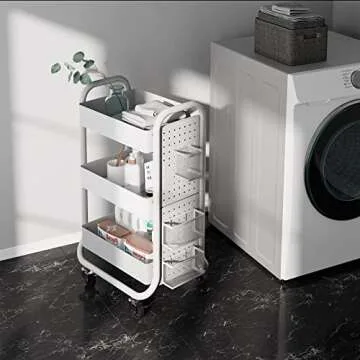 DESIGNA 3-Tier Rolling Cart, Utility Cart with Handle, Extra 3 Storage Accessories, Removable Pegboa...