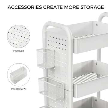 DESIGNA 3-Tier Rolling Cart, Utility Cart with Handle, Extra 3 Storage Accessories, Removable Pegboard, Easy Assembly Craft Carts for Kitchen, Bathroom, Office, Metal, White