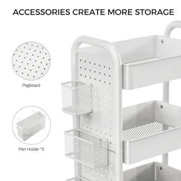 DESIGNA 3-Tier Rolling Cart, Utility Cart with Handle, Extra 3 Storage Accessories, Removable Pegboard, Easy Assembly Craft Carts for Kitchen, Bathroom, Office, Metal, White