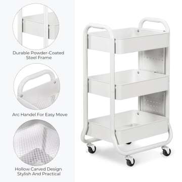 DESIGNA 3-Tier Rolling Cart, Utility Cart with Handle, Extra 3 Storage Accessories, Removable Pegboard, Easy Assembly Craft Carts for Kitchen, Bathroom, Office, Metal, White