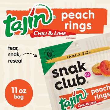 Snak Club Peach Rings, Tajin Chili & Lime Seasoned, Sweet and Spicy Gummy Candy, Mild in Heat Bold i...