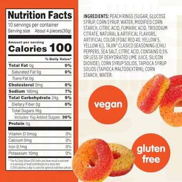 Snak Club Peach Rings, Tajin Chili & Lime Seasoned, Sweet and Spicy Gummy Candy, Mild in Heat Bold in Flavor, Low-Fat, Vegan, Gluten-Free Snack, Family Size, 11 Ounce