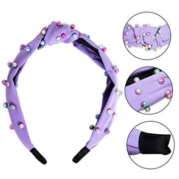 Sucrain 3 Pcs Pearl Knotted Headbands for Women Girls Colorful Jeweled Embellished Gem Faux Pearl Cross Knot Twisted Hairband Turban Headband Hair Accessories(Pink,Blue,Purple)
