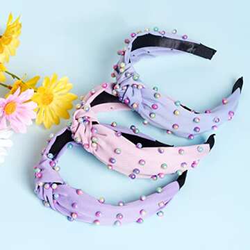 Sucrain 3 Pcs Pearl Knotted Headbands for Women Girls Colorful Jeweled Embellished Gem Faux Pearl Cross Knot Twisted Hairband Turban Headband Hair Accessories(Pink,Blue,Purple)