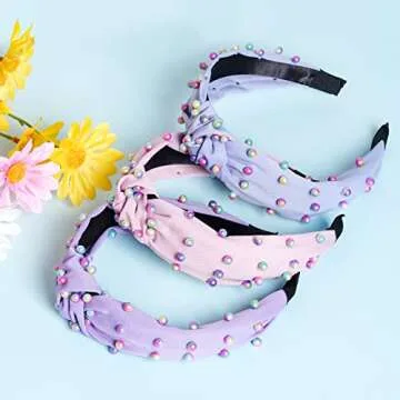 Sucrain 3 Pcs Pearl Knotted Headbands for Women Girls Colorful Jeweled Embellished Gem Faux Pearl Cross Knot Twisted Hairband Turban Headband Hair Accessories(Pink,Blue,Purple)