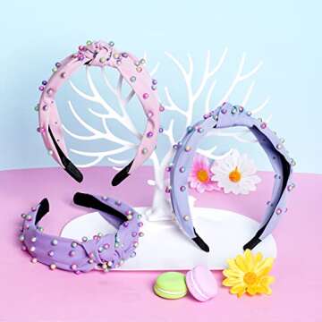 Sucrain 3 Pcs Pearl Knotted Headbands for Women Girls Colorful Jeweled Embellished Gem Faux Pearl Cross Knot Twisted Hairband Turban Headband Hair Accessories(Pink,Blue,Purple)