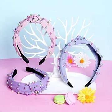 Sucrain 3 Pcs Pearl Knotted Headbands for Women Girls Colorful Jeweled Embellished Gem Faux Pearl Cross Knot Twisted Hairband Turban Headband Hair Accessories(Pink,Blue,Purple)