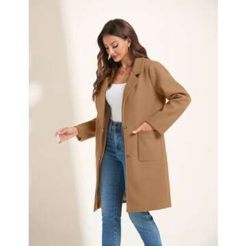 Omoone Women's Notched Lapel Wool Coats Mid Long Button Pea Coats Warm Thicken Trench Jacket(2629-Camel-XL)