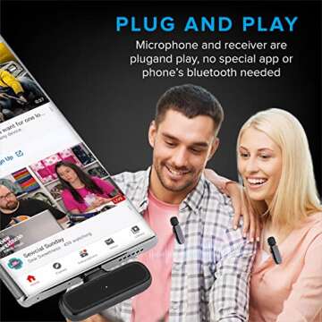 Dual Wireless Lavalier Microphone for iPhone & Android, Best Lapel Mic for Video Recording, YouTube, TikTok, IG, Podcasts & Interviews - Noise Reduction, Plug & Play, Includes Charging Case