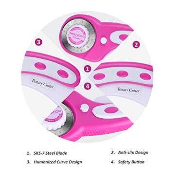 NOUVCOO 45mm Rotary Cutter with 8pcs Replacement Rotary Blades, Includes Straight-Lines Rotary Blade, Curve-Cutting Rotary Blade and Dotted-line Cutting Rotary Blade for Quilting FA