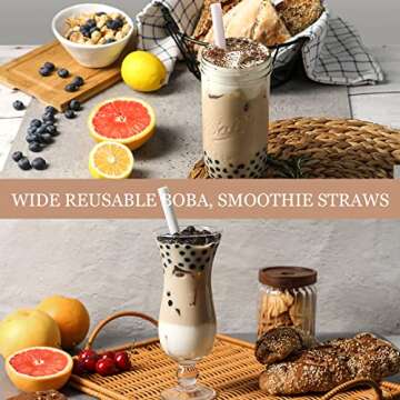 [Angled Tips] 12 Pcs Reusable Boba, Smoothie Straws with 4 Brushes & 1 Bag - mm Wide Jumbo Colored BPA FREE Food-Grade Plastic for Bubble Tea(Tapioca, Boba Pearls), Milkshakes