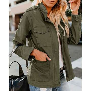 Soulomelody Womens Military Anorak Jacket Zip Up Snap Button Parka Safari Utility Coat Outwear with ...