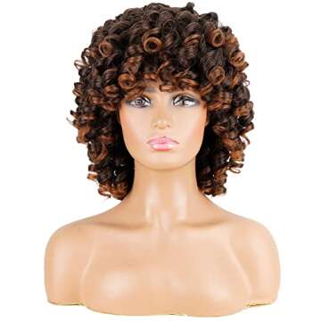 andromeda Curly Wigs for Black Women Brown Short Curly Wig with Bangs Soft Afro Kinky Curly Syntheti...