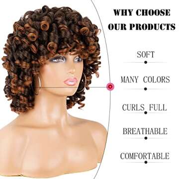 andromeda Curly Wigs for Black Women Brown Short Curly Wig with Bangs Soft Afro Kinky Curly Synthetic Wig for African American Women (T30)