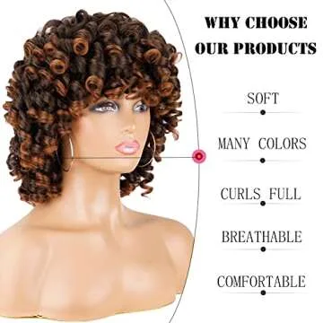 andromeda Curly Wigs for Black Women Brown Short Curly Wig with Bangs Soft Afro Kinky Curly Synthetic Wig for African American Women (T30)