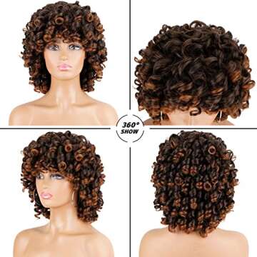 andromeda Curly Wigs for Black Women Brown Short Curly Wig with Bangs Soft Afro Kinky Curly Synthetic Wig for African American Women (T30)