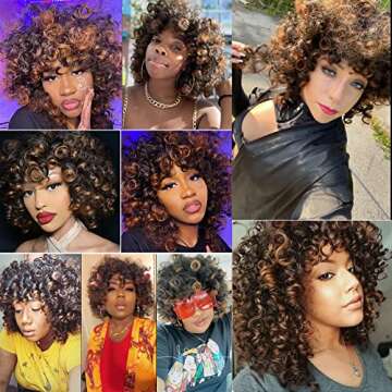andromeda Curly Wigs for Black Women Brown Short Curly Wig with Bangs Soft Afro Kinky Curly Synthetic Wig for African American Women (T30)