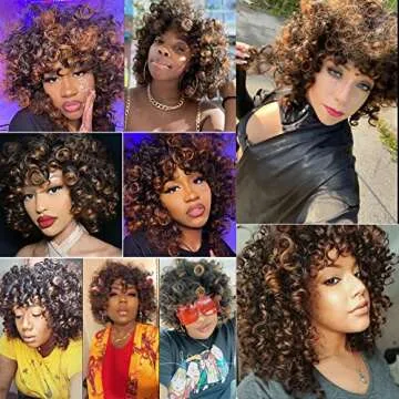 andromeda Curly Wigs for Black Women Brown Short Curly Wig with Bangs Soft Afro Kinky Curly Synthetic Wig for African American Women (T30)