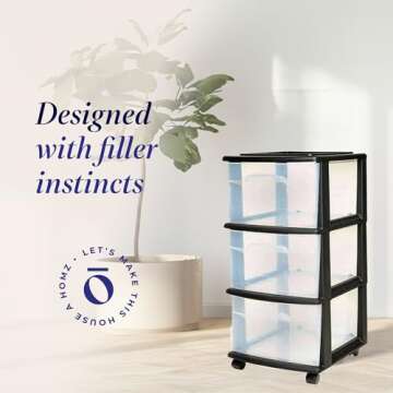 HOMZ Drawer Tower, 3-Tier Clear Plastic Storage Organizer Cart, Black Frame