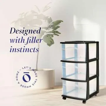 HOMZ Drawer Tower, 3-Tier Clear Plastic Storage Organizer Cart, Black Frame