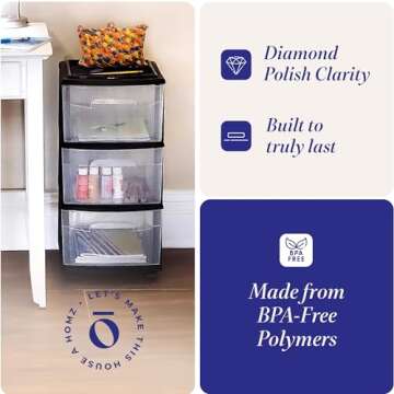 HOMZ Drawer Tower, 3-Tier Clear Plastic Storage Organizer Cart, Black Frame