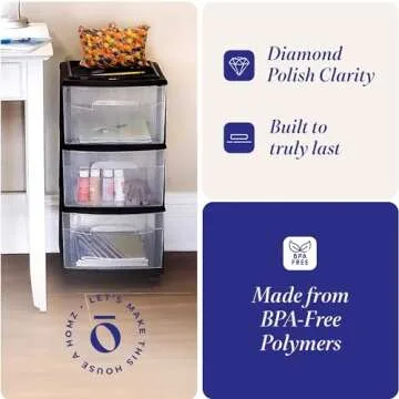 HOMZ Drawer Tower, 3-Tier Clear Plastic Storage Organizer Cart, Black Frame