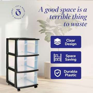 HOMZ Drawer Tower, 3-Tier Clear Plastic Storage Organizer Cart, Black Frame