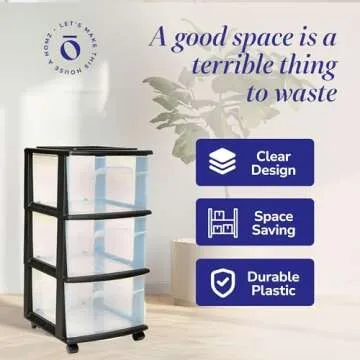 HOMZ Drawer Tower, 3-Tier Clear Plastic Storage Organizer Cart, Black Frame