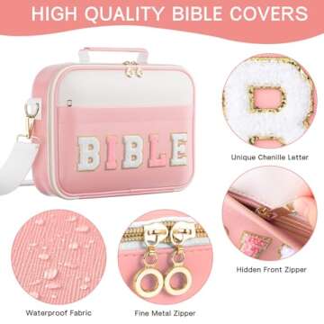 WOBAGMEN Bible Cover Case for Women,Large Leather Bible Cases Christian Gifts for Women Men Girls,Preppy Chenille Letter Bible Bag with Shoulder Strap,Pink Bible Purse Bible Carrying Case for Women