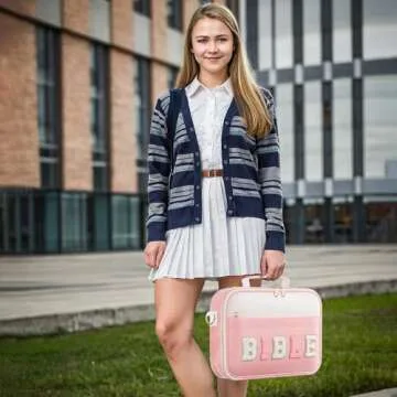 WOBAGMEN Bible Cover Case for Women,Large Leather Bible Cases Christian Gifts for Women Men Girls,Preppy Chenille Letter Bible Bag with Shoulder Strap,Pink Bible Purse Bible Carrying Case for Women