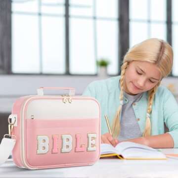 WOBAGMEN Bible Cover Case for Women,Large Leather Bible Cases Christian Gifts for Women Men Girls,Preppy Chenille Letter Bible Bag with Shoulder Strap,Pink Bible Purse Bible Carrying Case for Women